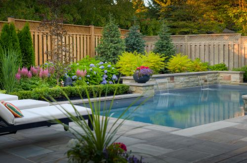 Chaise, gardens and pool